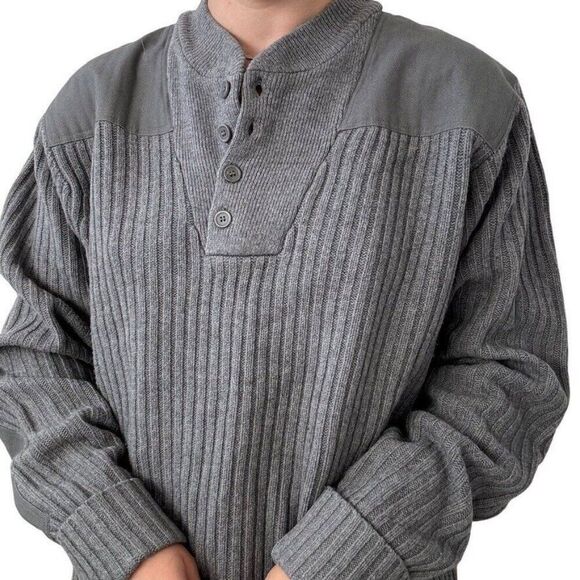 LL Bean Mens Gray 100% Merino Wool Ribbed Henley Elbow Patch Sweater Sz L Tall - Picture 2 of 6